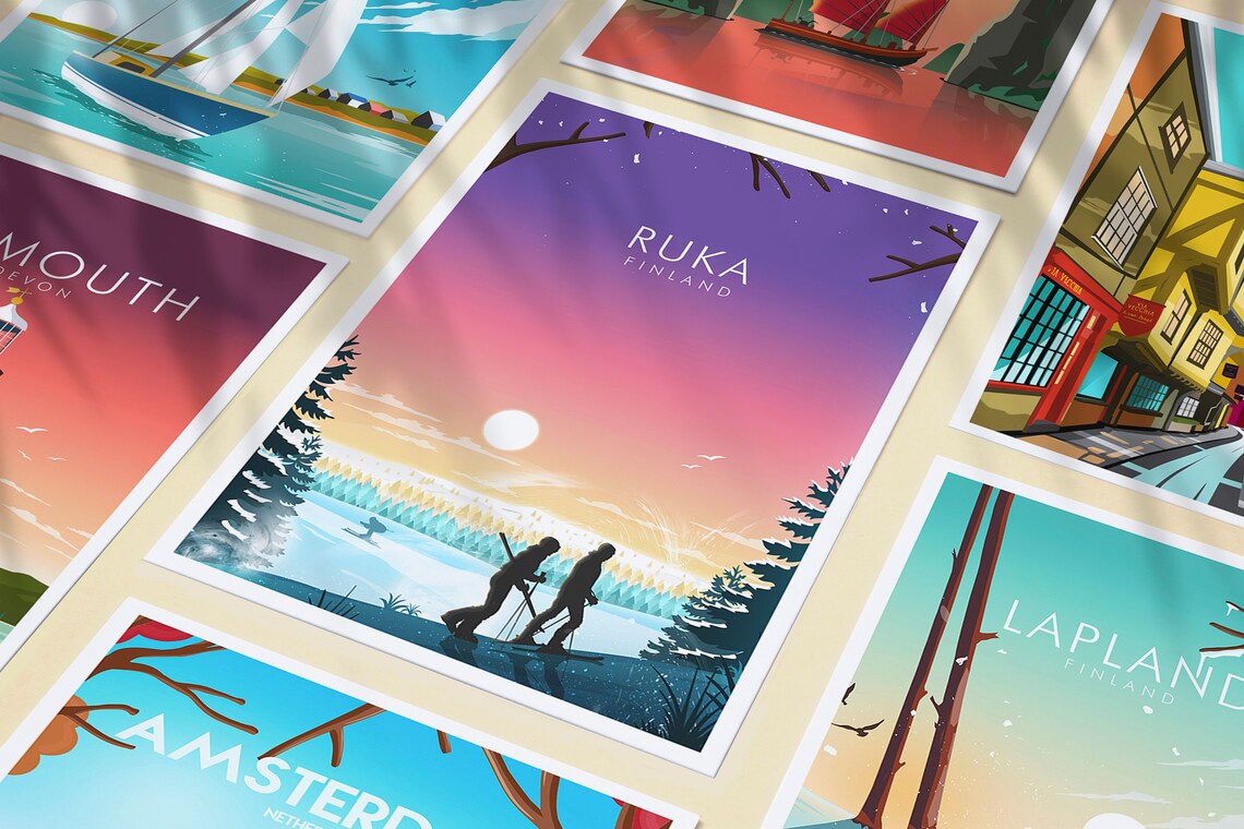 Ruka Finland Ski Resort Winter Sunset Cross Country Skiers Poster - Image 3
