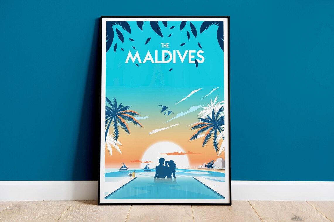 The Maldives Beach Art Print, Coastal Travel Poster