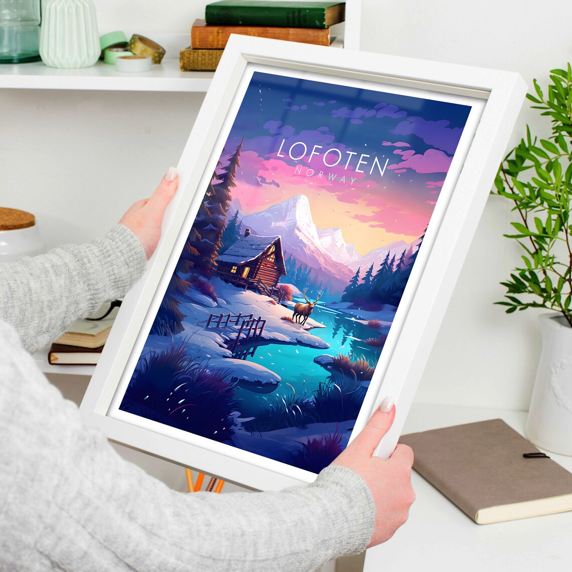 Lofoten Norway Snowy Cabin Reindeer Pink Sunset Fjord Travel Poster - Image 4
