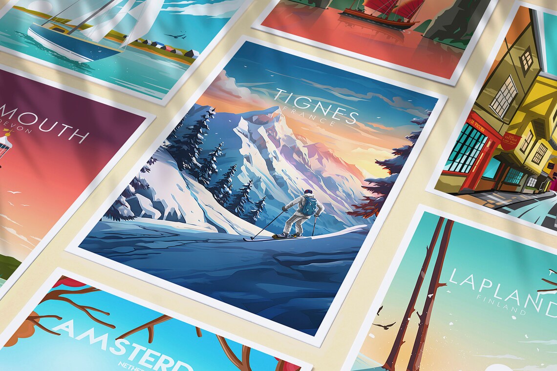 Tignes France Ski Resort Powder Slopes Sunset Mountain Travel Poster - Image 3