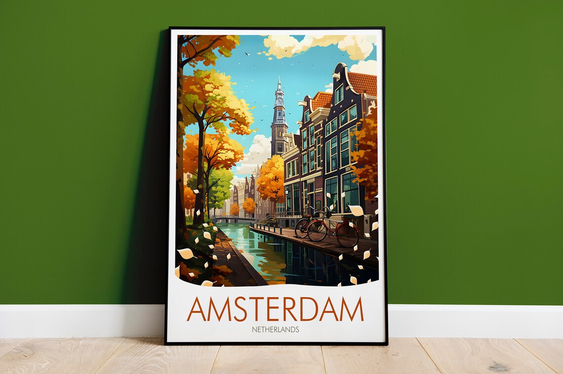 Amsterdam Netherlands Canal Autumn Gabled Houses Travel Poster