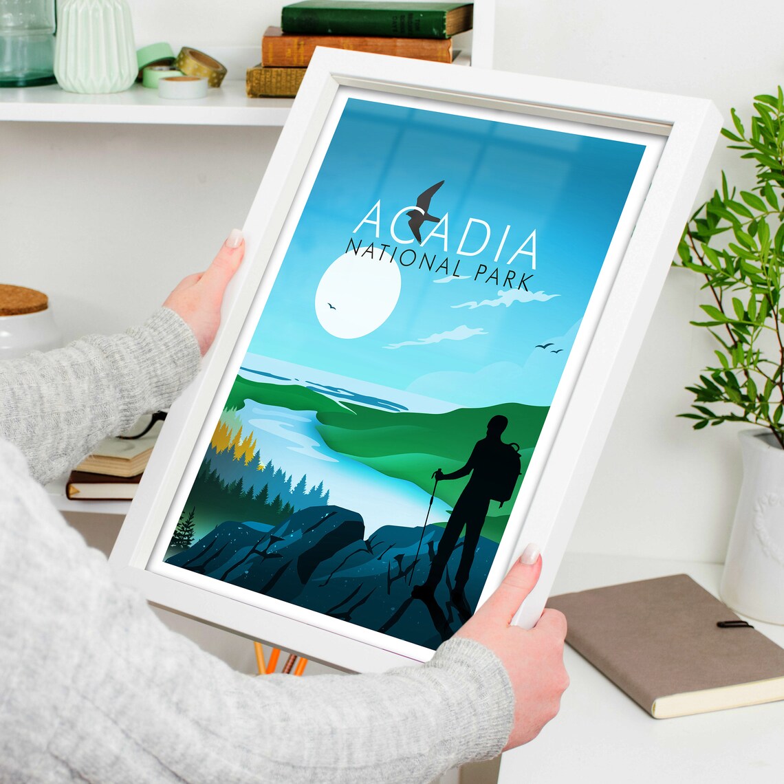 Acadia National Park Hiker Cliff Sunrise Adventure Travel Poster - Image 4