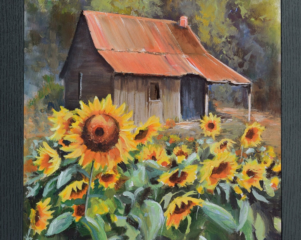 Sunflower Field in Front of a Rustic Cabin with a Red Tin Roof Poster - Image 6