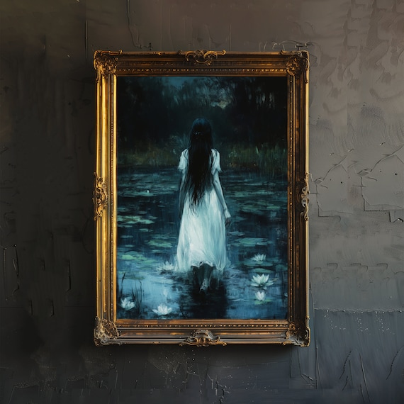 Ghostly Woman Wading in a Dark Pond at Night Haunting Art Poster