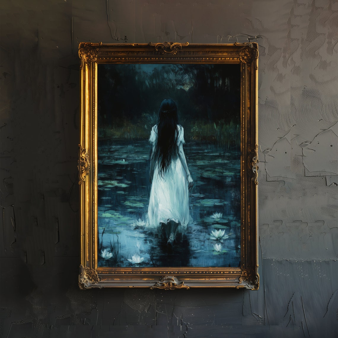 Ghostly Woman Wading in a Dark Pond at Night Haunting Art Poster