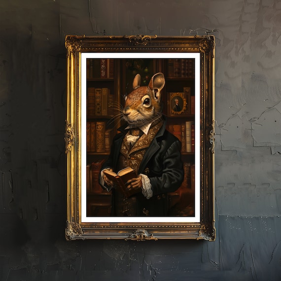 Squirrel Scholar Reading Book Library Victorian Gentleman Art Poster