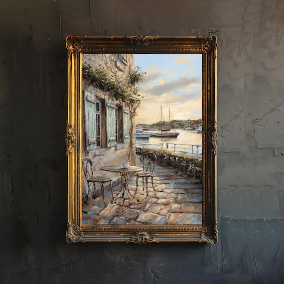 Seaside Cafe Terrace Vintage European Harbor Sunset Painting Poster