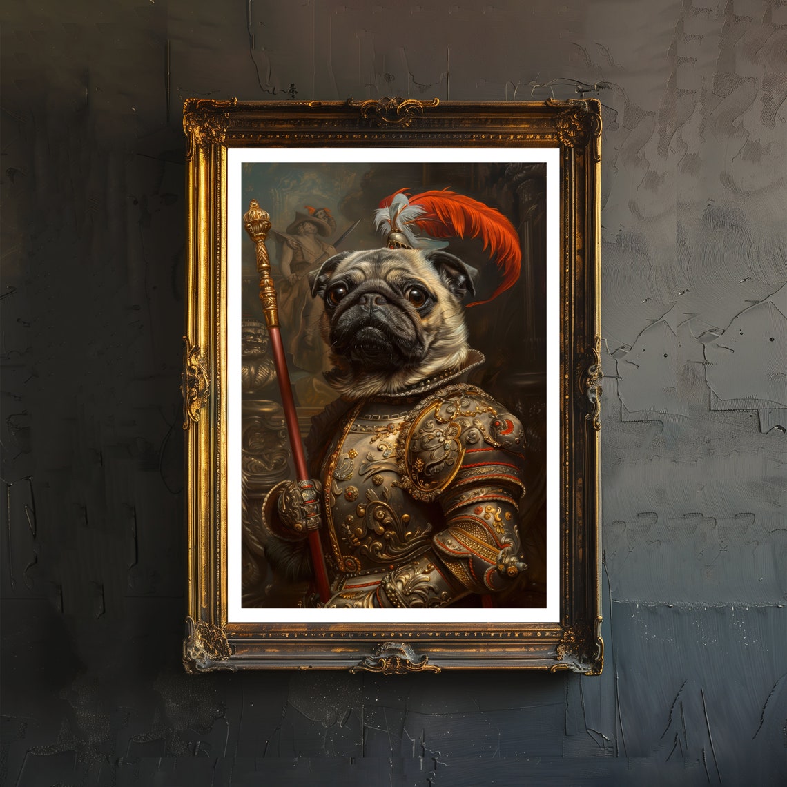 Pug Knight in Ornate Armor Plumed Helmet Regal Renaissance Dog Poster