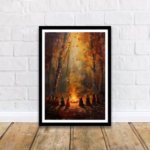 Witches Around The Fire Poster Dark Academia Art Witchy Decor Gothic Home Antique Illustration Victorian Era Rustic Vintage