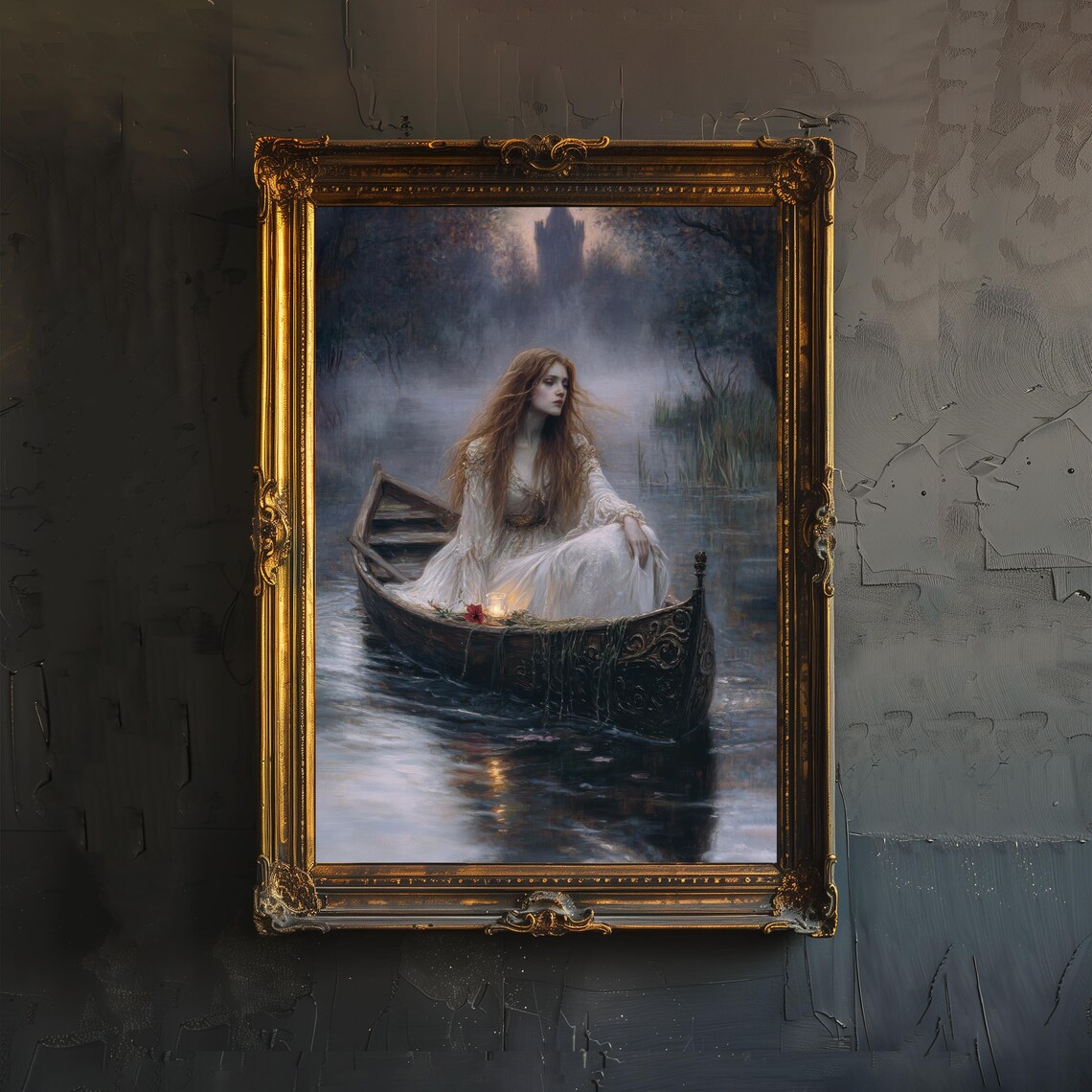 Lady of Shalott in Boat Misty River Romantic Literary Painting Poster