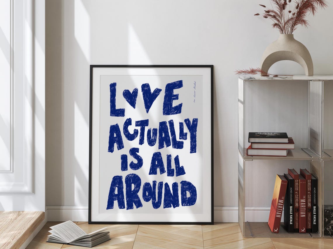 Love Actually Is All Around Navy Blue Hand Lettered Quote Poster