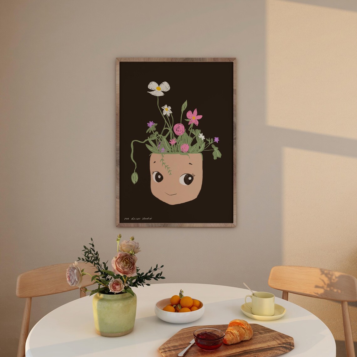 Smiling Plant Pot with Wildflowers Cute Botanical Art Print Kitchen