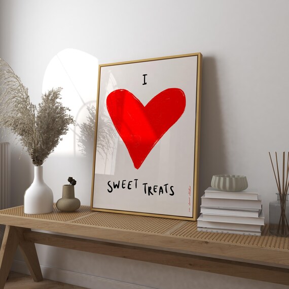 I Love Sweet Treats Hear Art Print Poster Hand Drawn Trendy Retro Heart Illustration Mid Century Modern Bedroom Wall