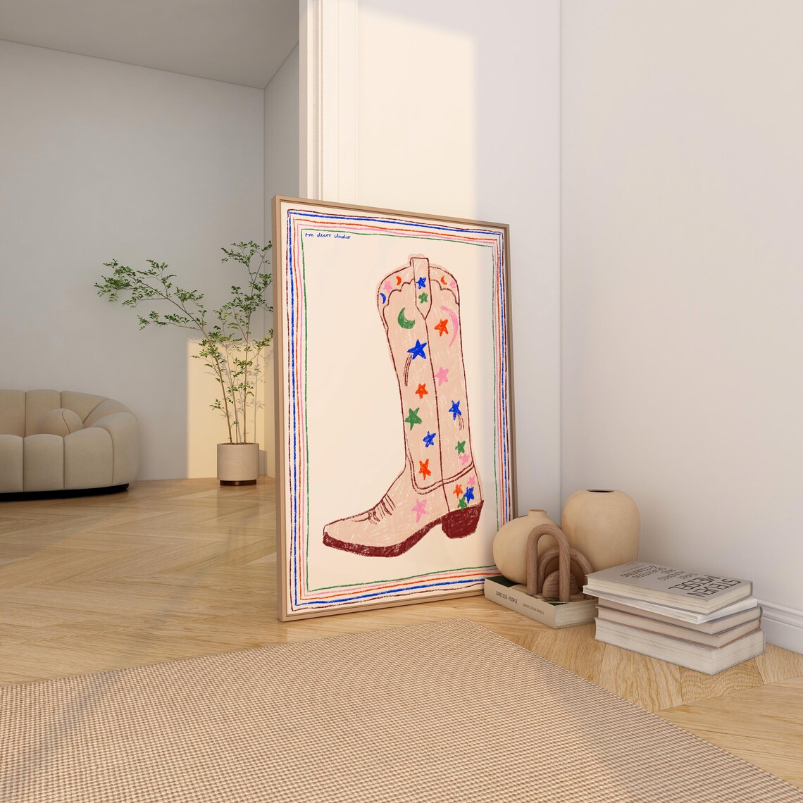 Cowboy Boot Print Art Poster, Vintage Mid-Century