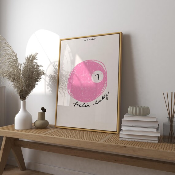 Feelin Lucky Pink 7 Ball Art Print Poster Vintage Trendy Retro Illustration Mid Century Modern Kitchen Wall