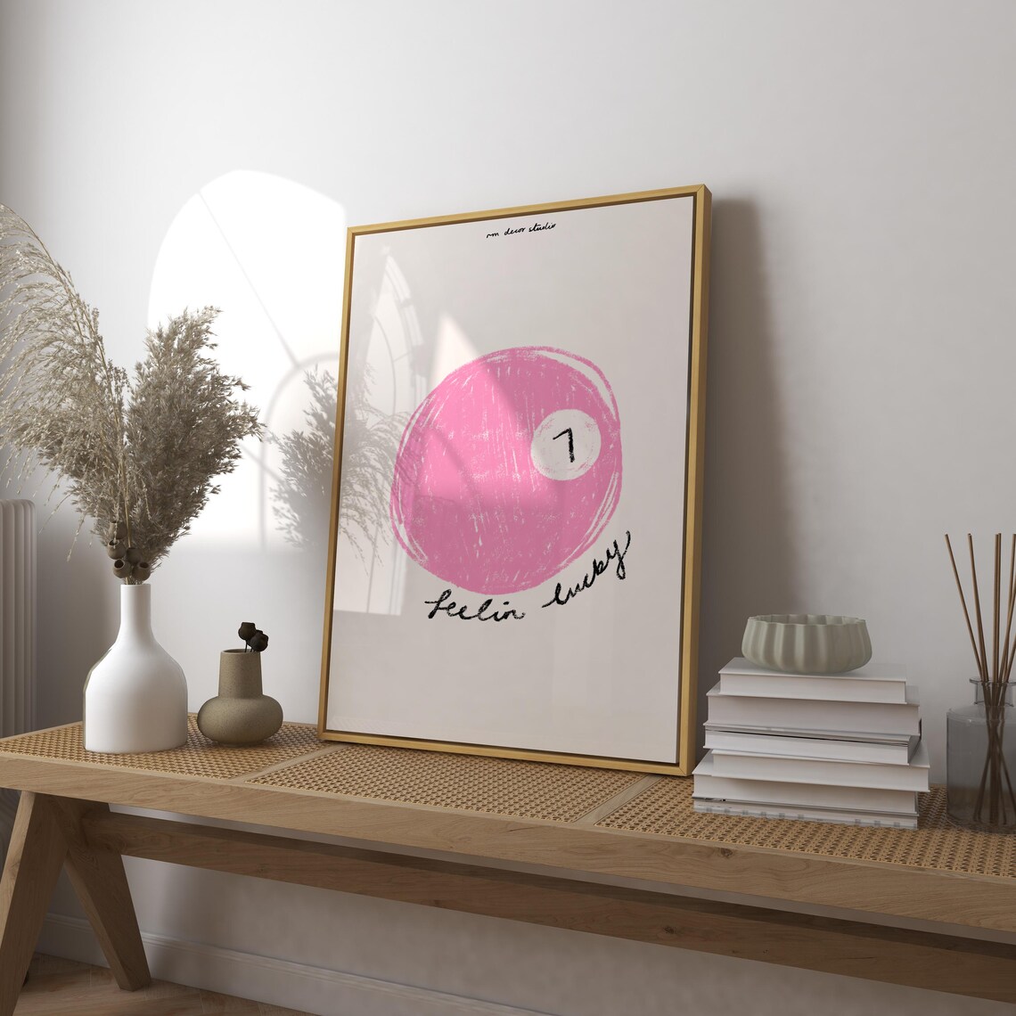 Feelin Lucky Pink Seven Ball Billiards Hand Drawn Sports Poster