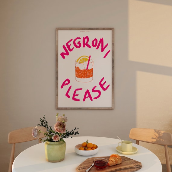 Negroni Please Pink Hand Lettered Cocktail Illustration Bar Poster