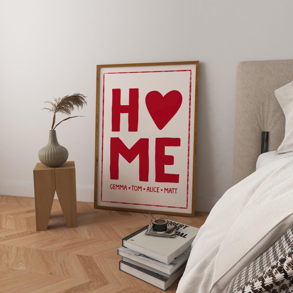 Home Heart Red Typography Personalized Family Names Art Poster