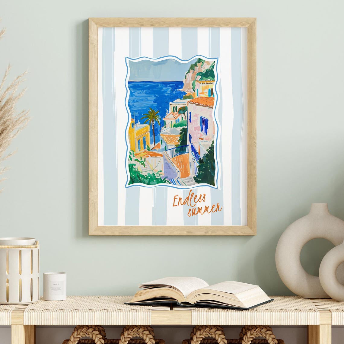 Endless Summer Amalfi Coast Blue Striped Coastal Village Poster