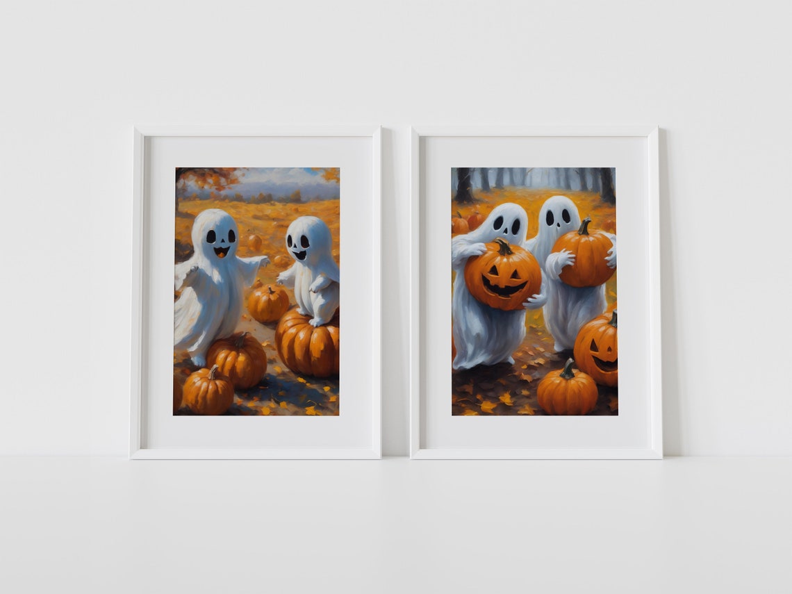 Cute Ghosts In A Pumpkin Patch With Jack O Lanterns Wall Art Spooky Art Print Cute Halloween Art - Image 2