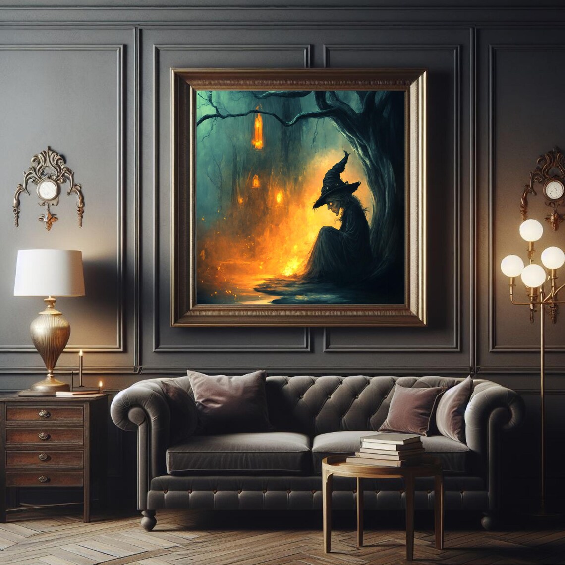 Dark Witch Forest Glowing Haunted Woods Lanterns Gothic Fantasy Art Poster - Image 2