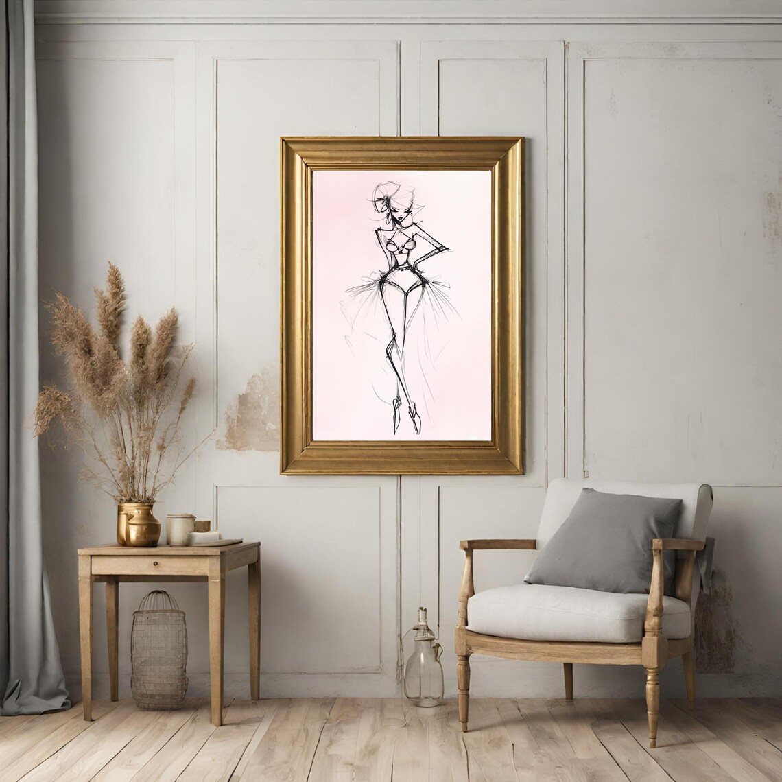 Minimalist Line Art Dancer Sketch Flowing Dress Modern Wall Art - Image 2