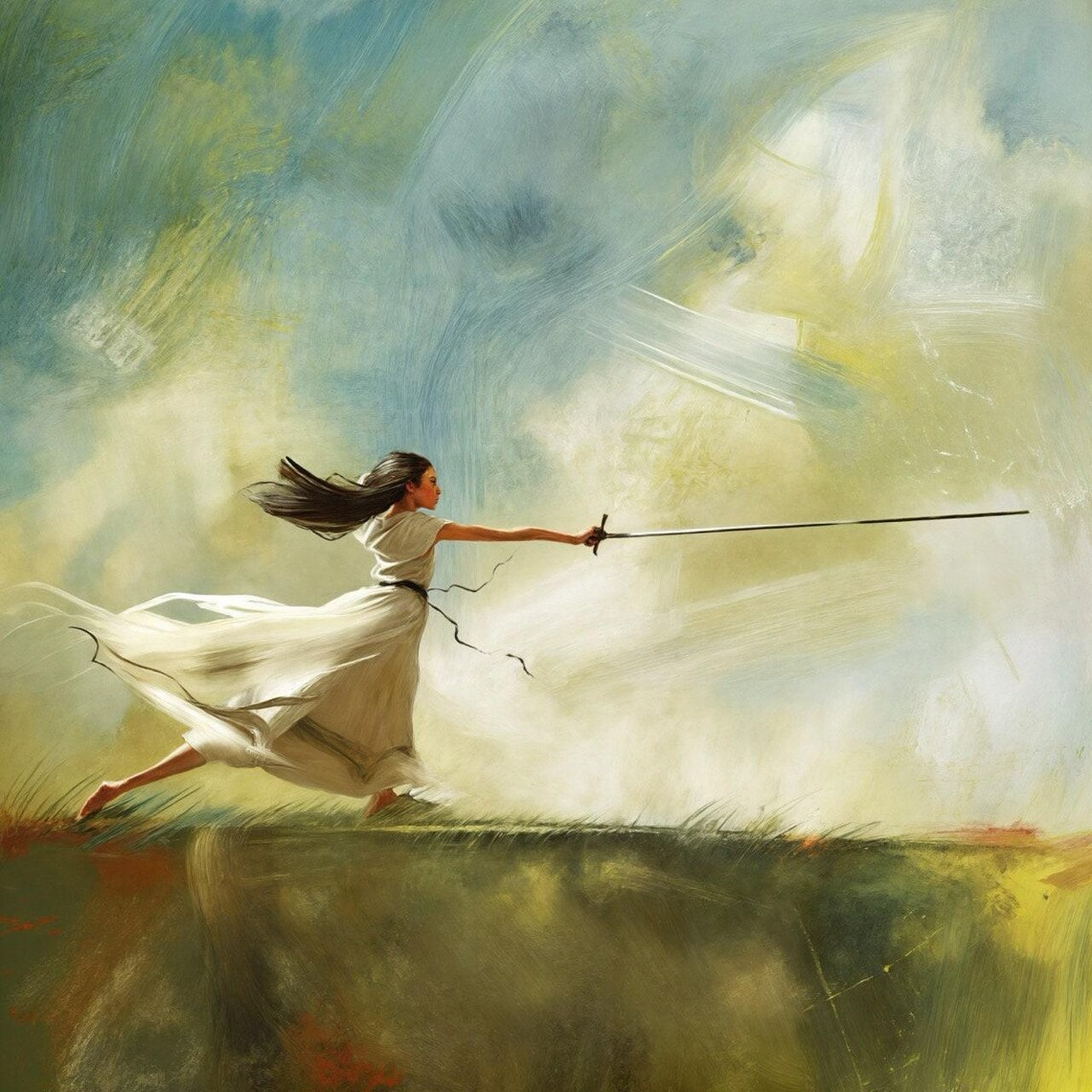 Empowered Swordswoman White Gown Epic Sky Female Strength Art Poster - Image 3