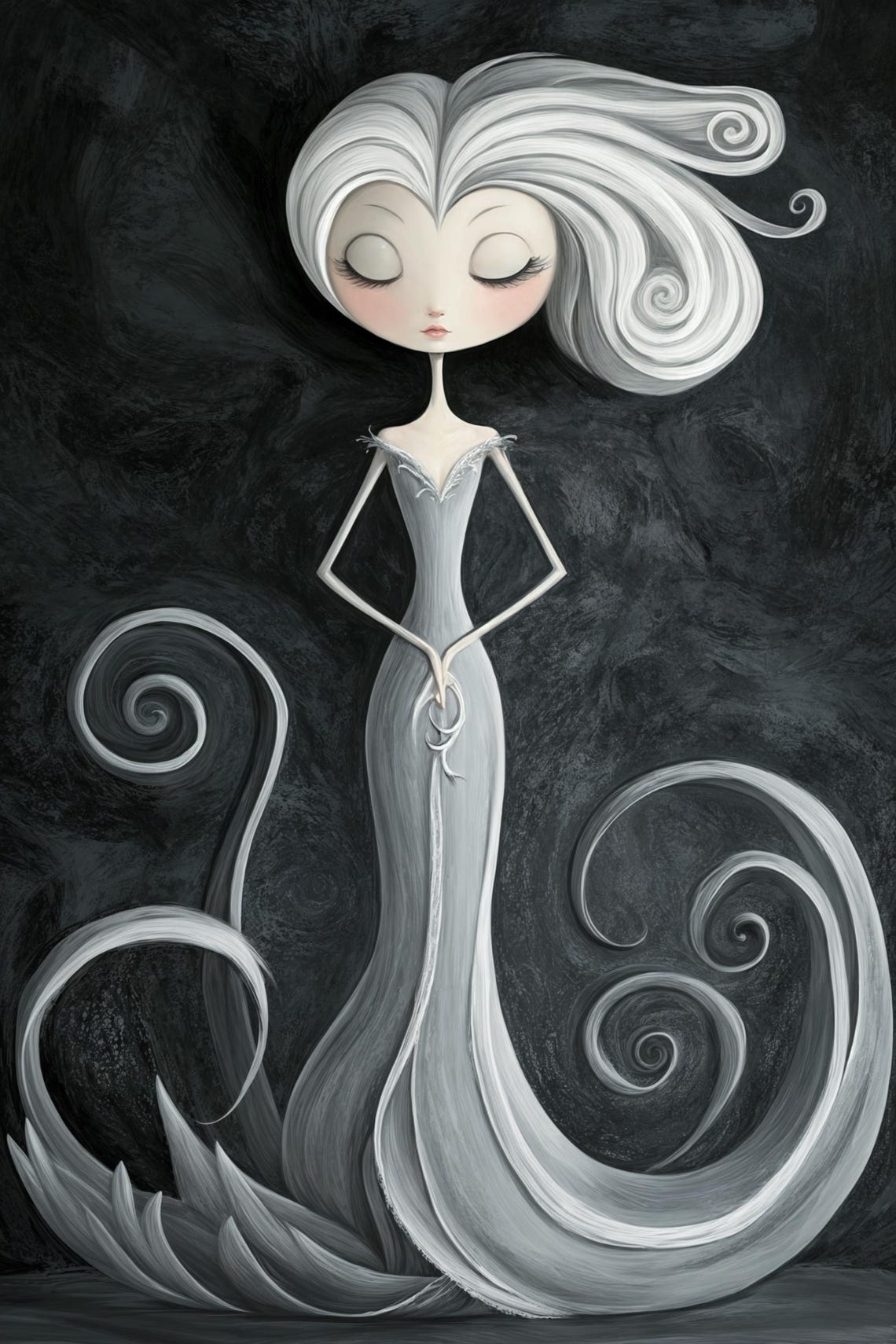 Whimsical Silver Haired Dancer Flowing Gown Dark Gothic Art Poster - Image 4