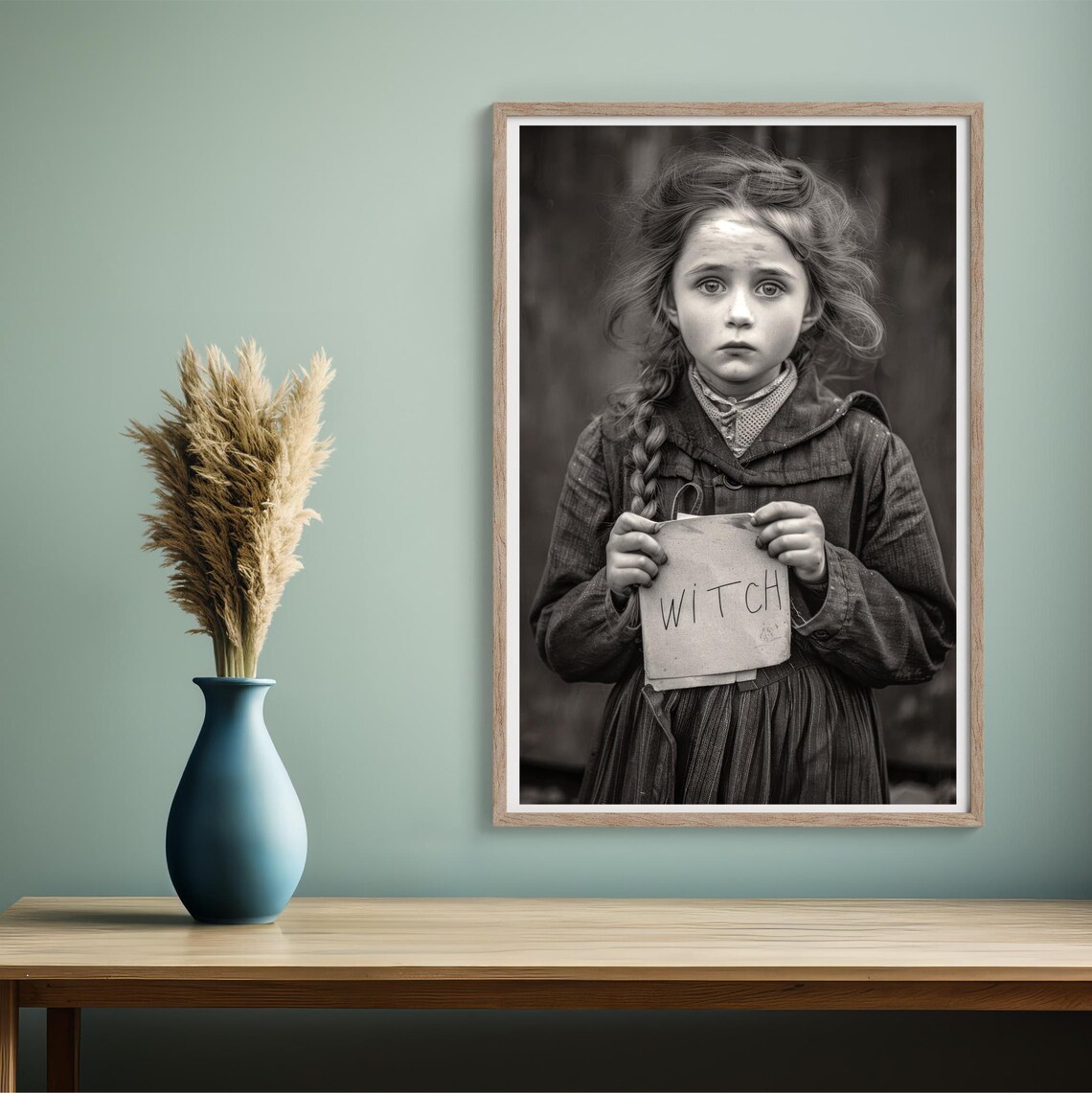 Vintage Girl Holding WITCH Sign Black And White Gothic Halloween Art Poster - Image 2