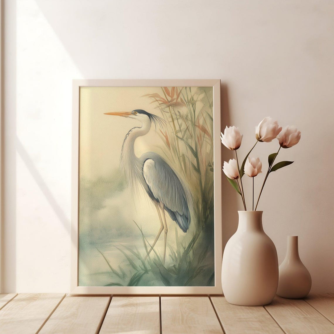 Great Blue Heron Misty Marsh Watercolor Serene Wetlands Bird Poster - Image 3