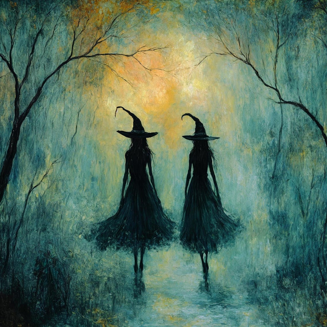 Two Witches Walking Misty Teal Forest Golden Light Art Poster - Image 3