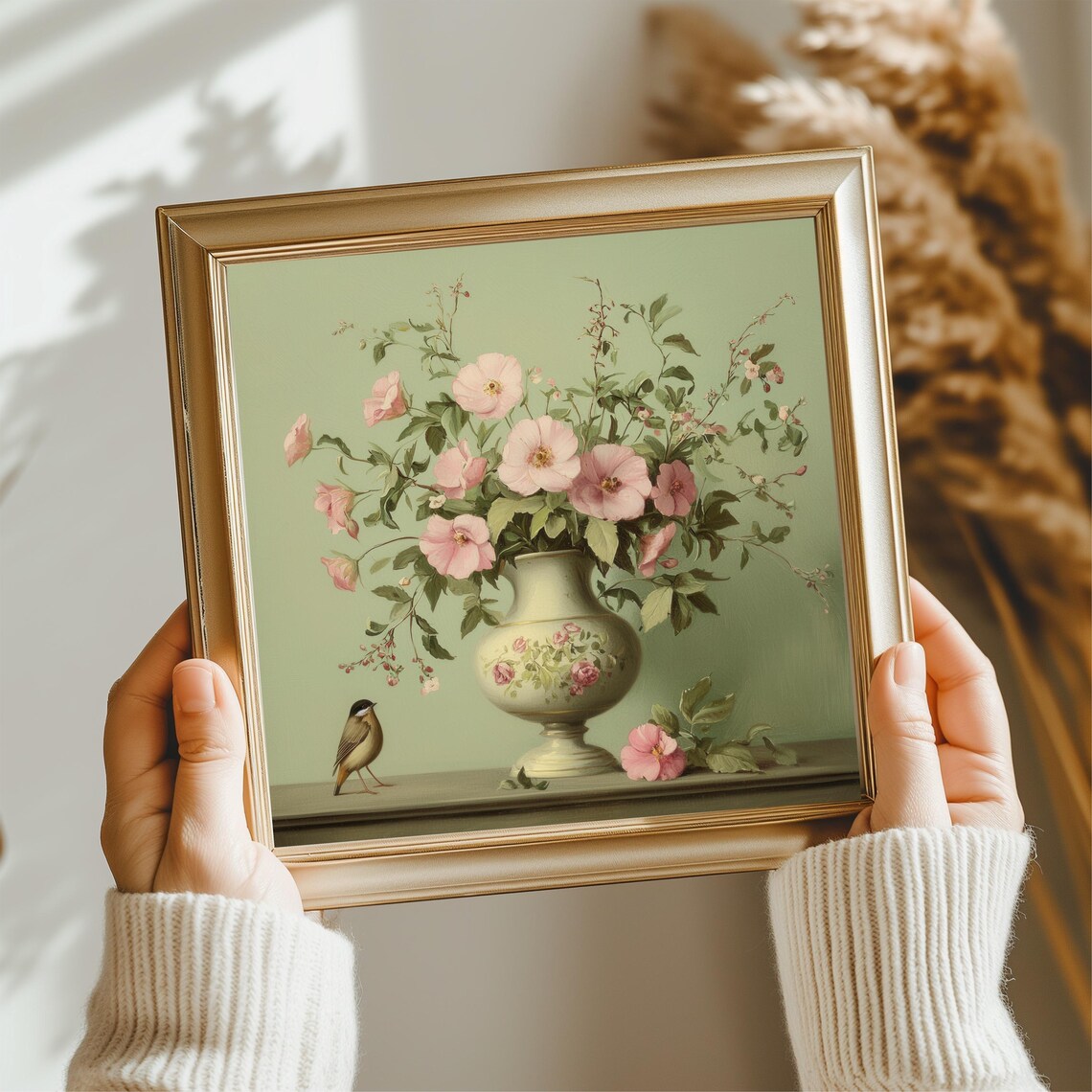 Pink Blossom Bouquet In Floral Vase With Bird Vintage Botanical Poster - Image 2