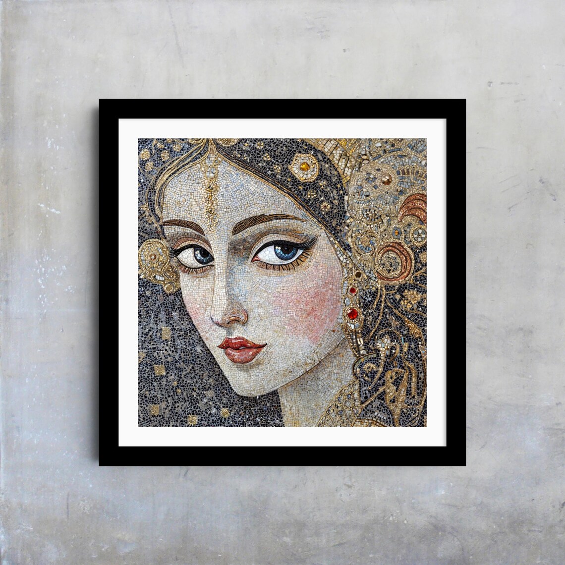 Mosaic Portrait Blue Eyed Woman Gold Jewelry Ornate Dark Wall Poster - Image 4
