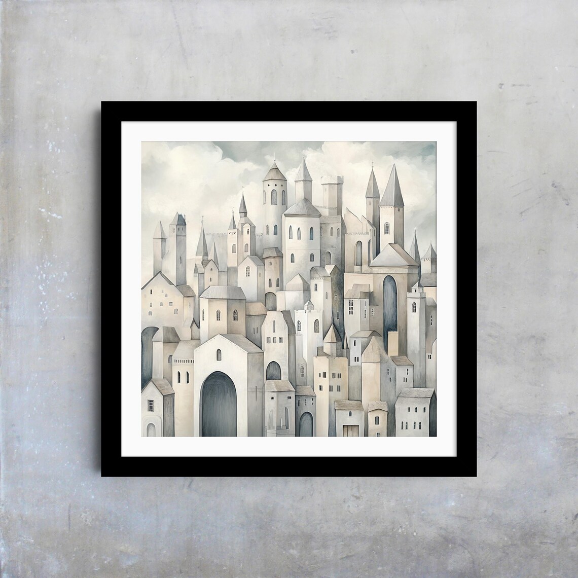 Monochrome Medieval Hilltop Castle Town Neutral Watercolor City Poster - Image 4