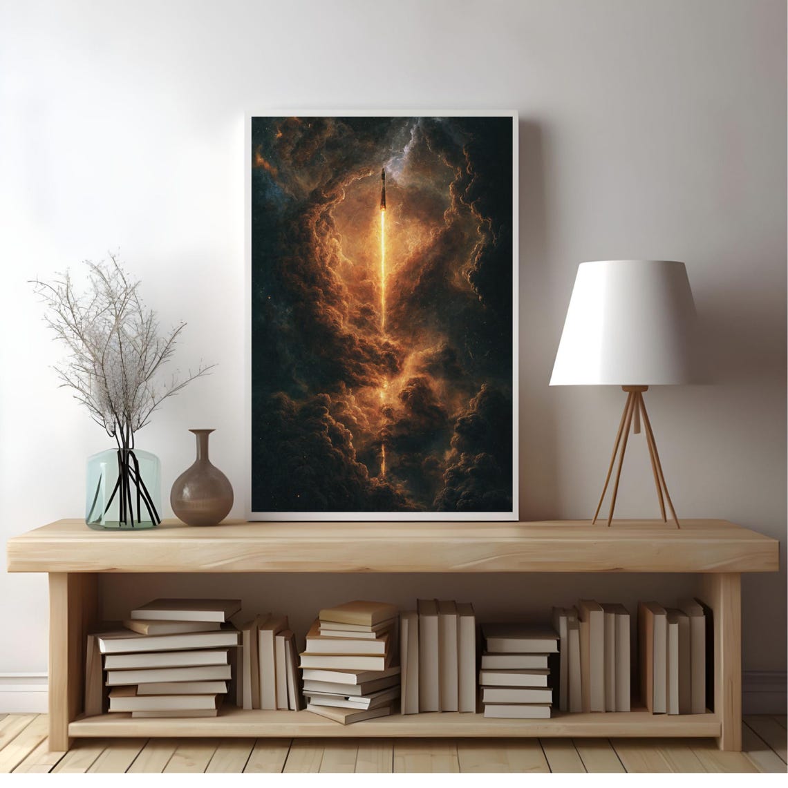 Dramatic Rocket Launch Night Clouds Glowing Trail Space Art Poster - Image 4