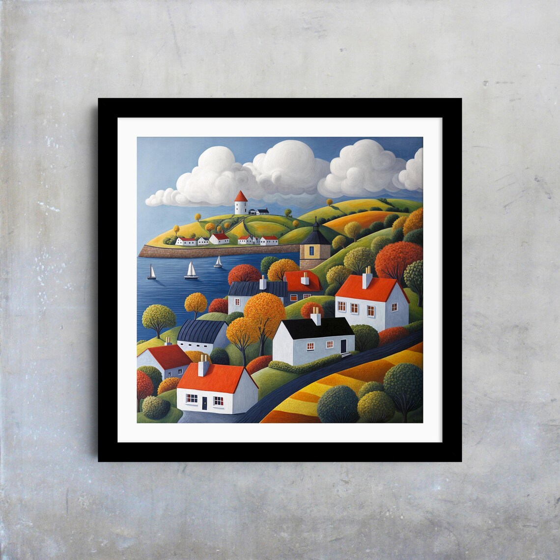 Rolling Hills Village Cottages Lighthouse Sailboats Scenic Art Poster - Image 4