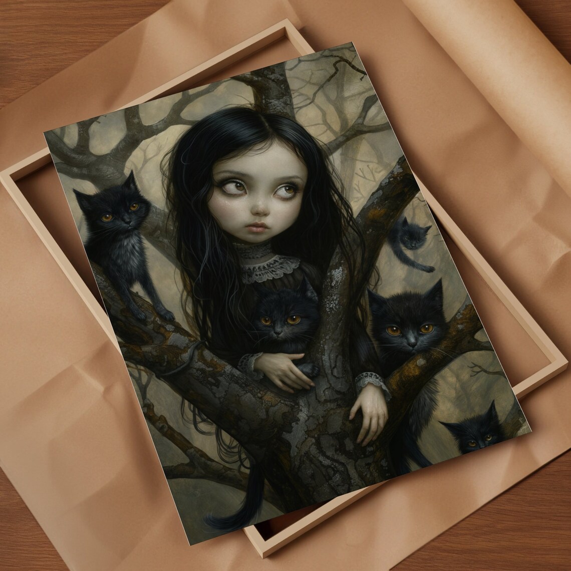 Gothic Girl In Tree With Black Cats Dark Fantasy Fairytale Art Poster - Image 2