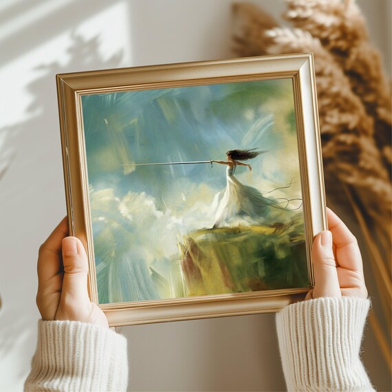 Brave Woman Sword on Cliff Edge Dramatic Clouds Inspirational Art Print