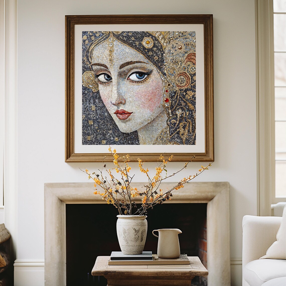 Mosaic Portrait Blue Eyed Woman Gold Jewelry Ornate Dark Wall Poster - Image 2