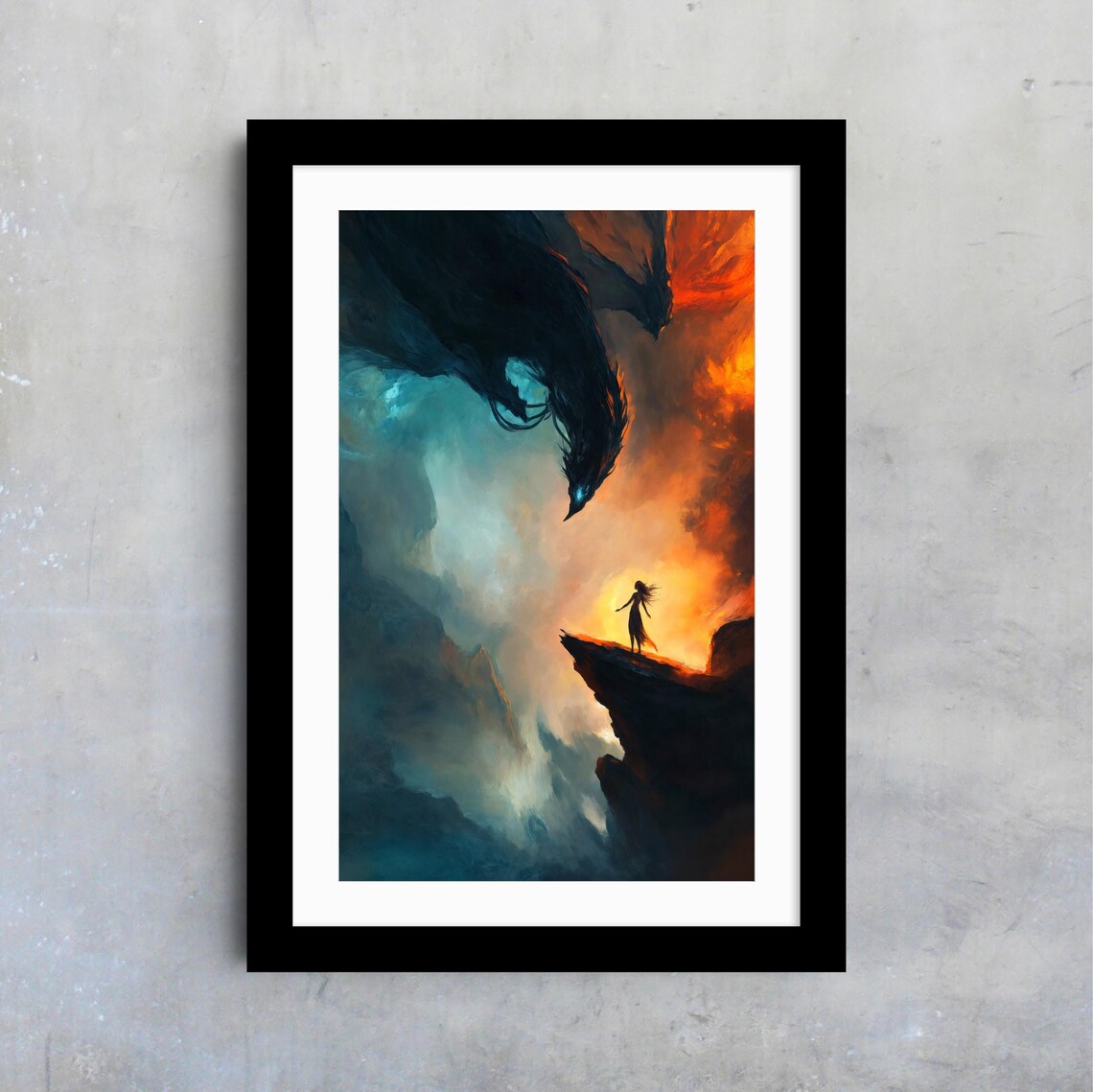 Dark Dragon Descending Over Girl On Cliff Teal Fire Gothic Fantasy Poster - Image 4
