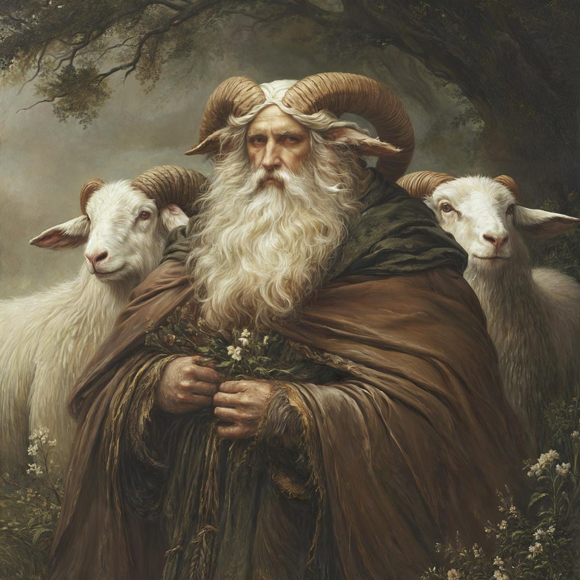 Horned Shepherd With Sheep Dark Fantasy Forest Portrait Art Poster - Image 3
