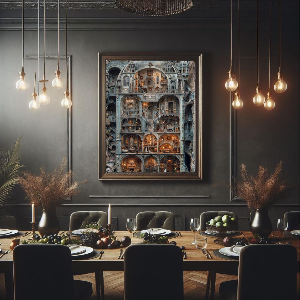 Gothic Haunted Mansion Cutaway Ornate Dollhouse Interior Art Poster