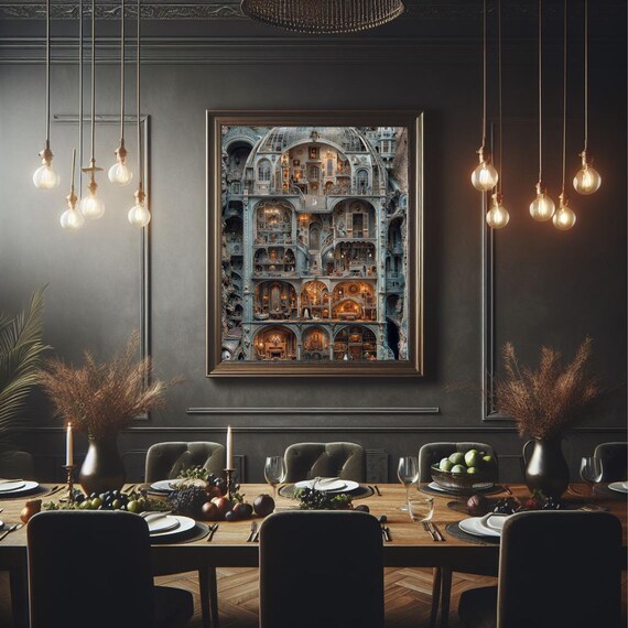 Gothic Haunted Mansion Cutaway Ornate Dollhouse Interior Art Poster