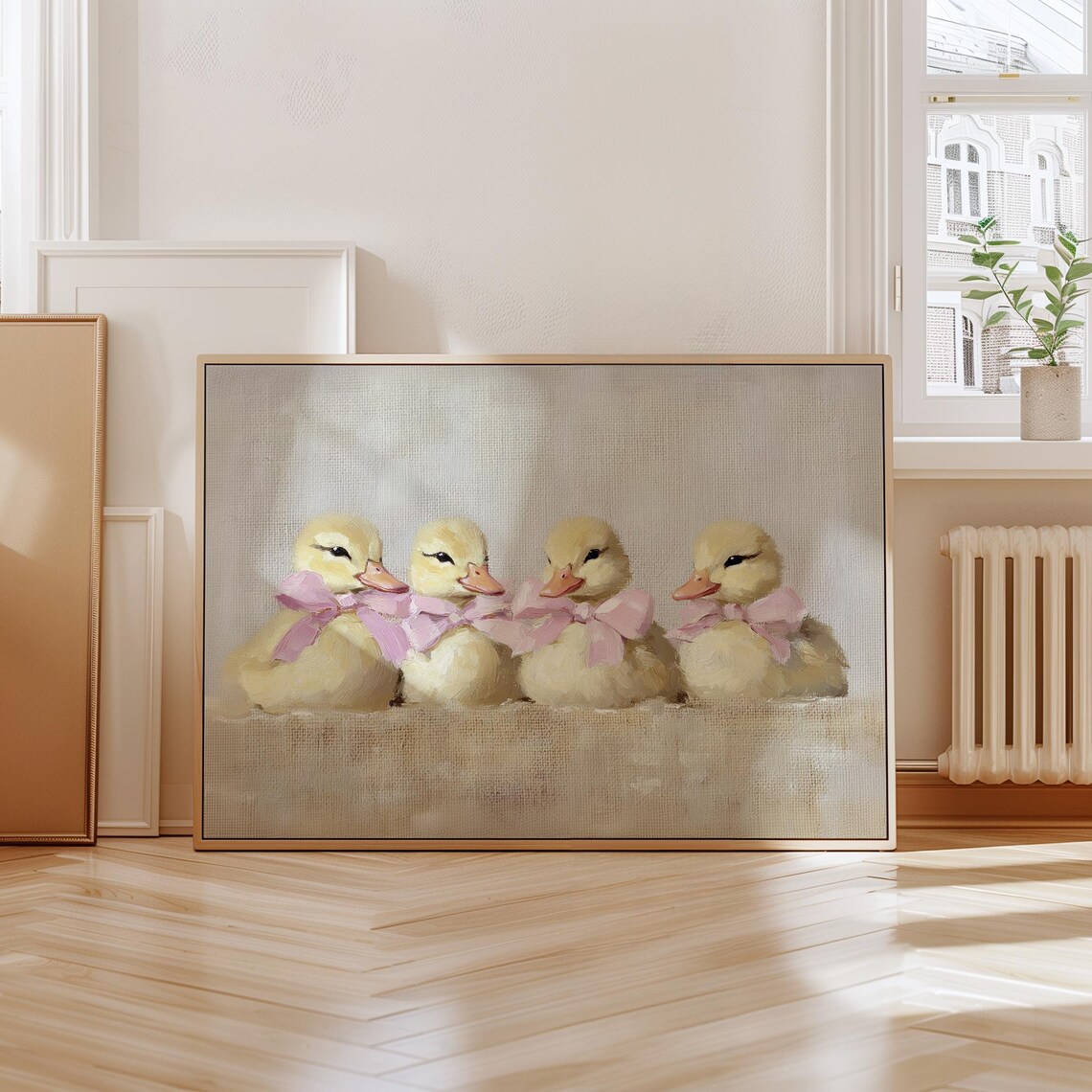 Four Ducklings Pink Bows Vintage Nursery Oil Painting Poster