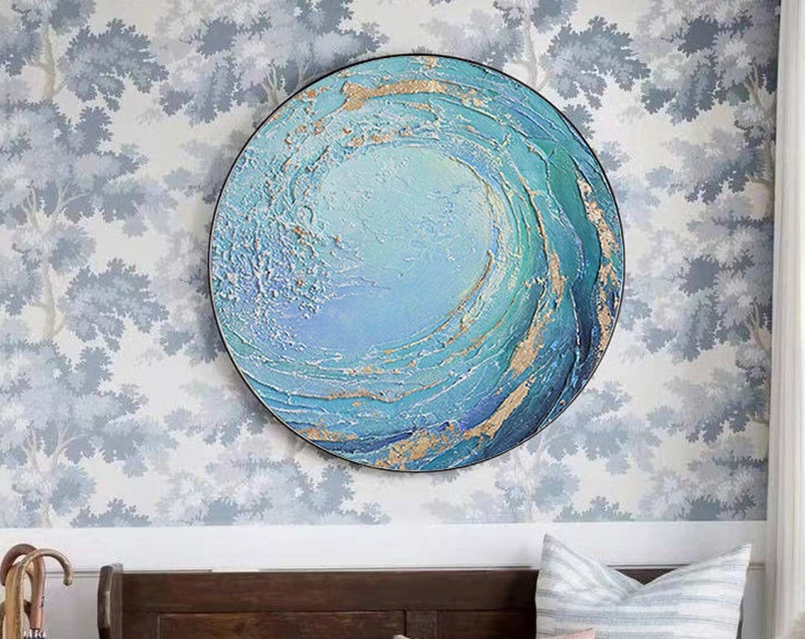 Round Turquoise Wave Vortex Gold Leaf Swirl Ocean Wall Art Poster