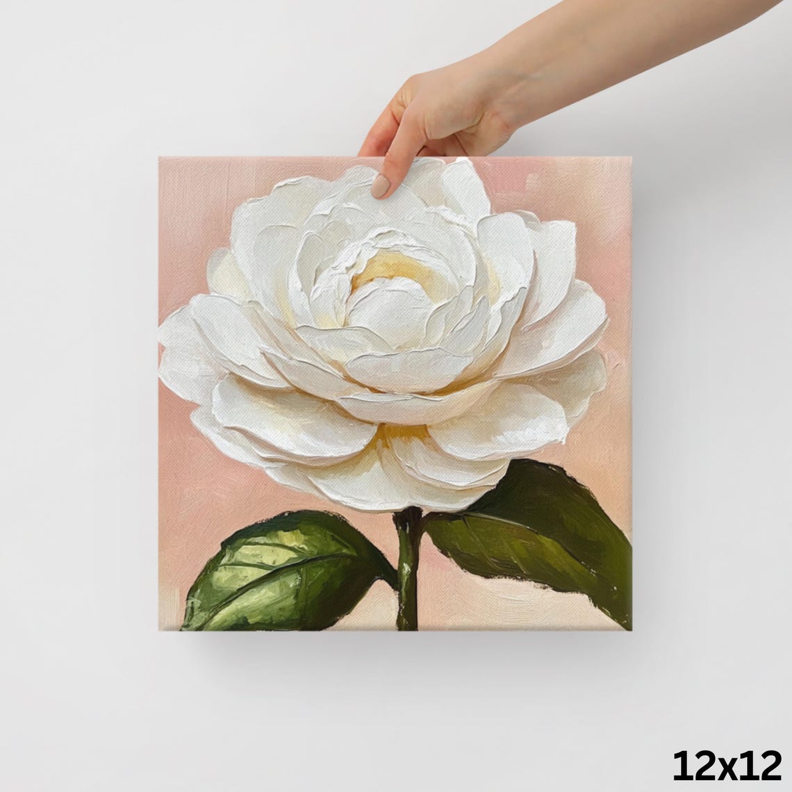 White Camellia Blush Pink Background Impasto Floral Art Poster - Image 2