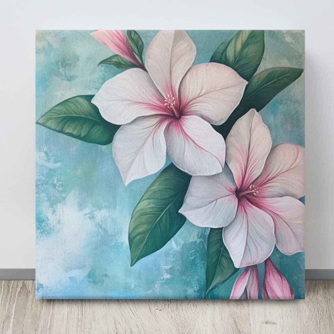 White Azalea Pink Center Teal Blue Background Tropical Floral Poster - Image 4