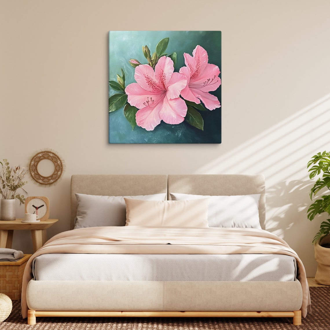 Pink Azalea Blossoms Green Leaves Teal Background Print Poster - Image 5