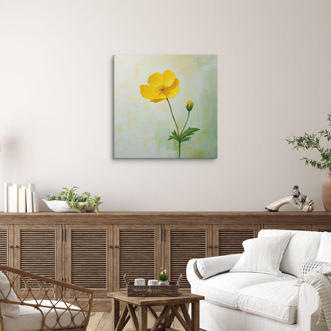 Yellow Buttercup Flower Minimalist Pale Green Botanical Wall Art Print - Image 5