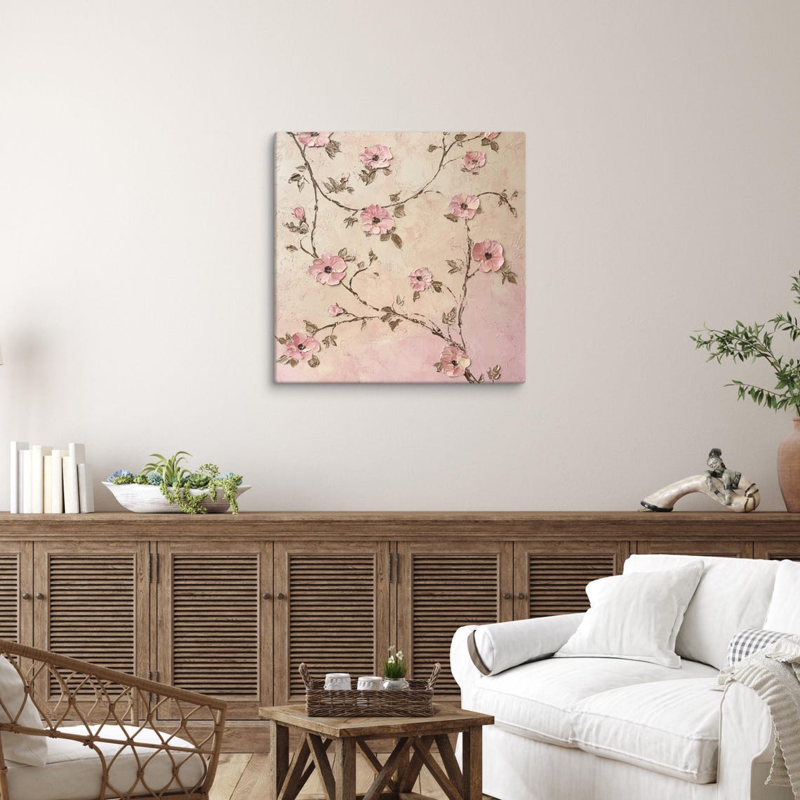 Pink Blossom Branches Textured Blush Floral Impasto Wall Art - Image 3